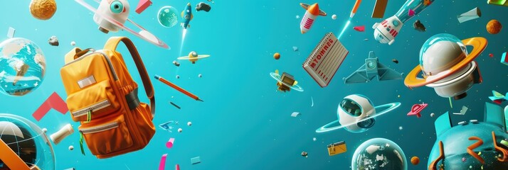Bright aqua backdrop with vibrant floating school supplies, spaceships, and an orange backpack Ideal for educational content with space for text