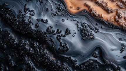 A dark and fluid abstract artwork showcasing a blend of various textures in shades of black and...