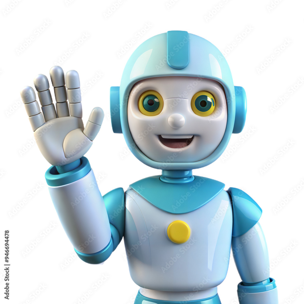 Poster Friendly Blue Robot Waving Hello With Open Hand and Big Smile