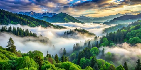 Aerial View of a Misty Mountain Forest at Sunset, Aerial Photography, Mountain Landscape, Fog