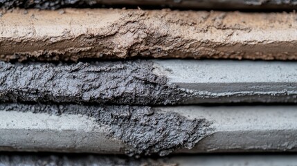 A close-up shot of several rods covered in mud, aligned horizontally and showcasing varied textures and layers of mud, revealing a rugged and raw industrial appearance.