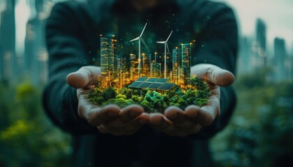 An entrepreneur presenting a green energy startup idea, with holographic displays of solar panels and wind farms in the background