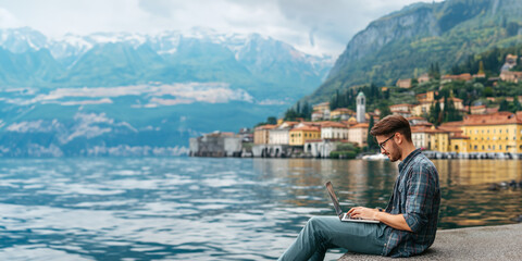 Digital Nomad Working Remotely by a Serene Lake