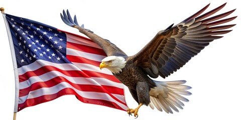 Fototapeta premium American Bald Eagle Soaring with the Stars and Stripes, patriotism , freedom , bald eagle