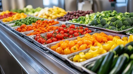 the cafeteria counter is filled with a vibrant array of fresh produce, showcasing a rainbow of colors for the school lunch concept