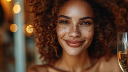 Fototapeta premium Smiling woman with curly hair enjoys a glass of champagne in a warmly lit social gathering during the evening