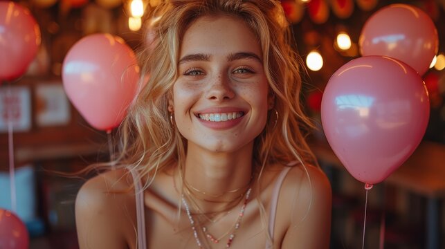 Young woman smiling joyfully among pink balloons in a lively caf&eacute; during a warm afternoon gathering