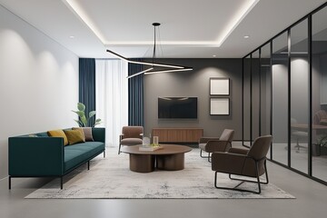Contemporary Modern Office Interior 3D Rendering with Empty Wall Mockup and Furniture
