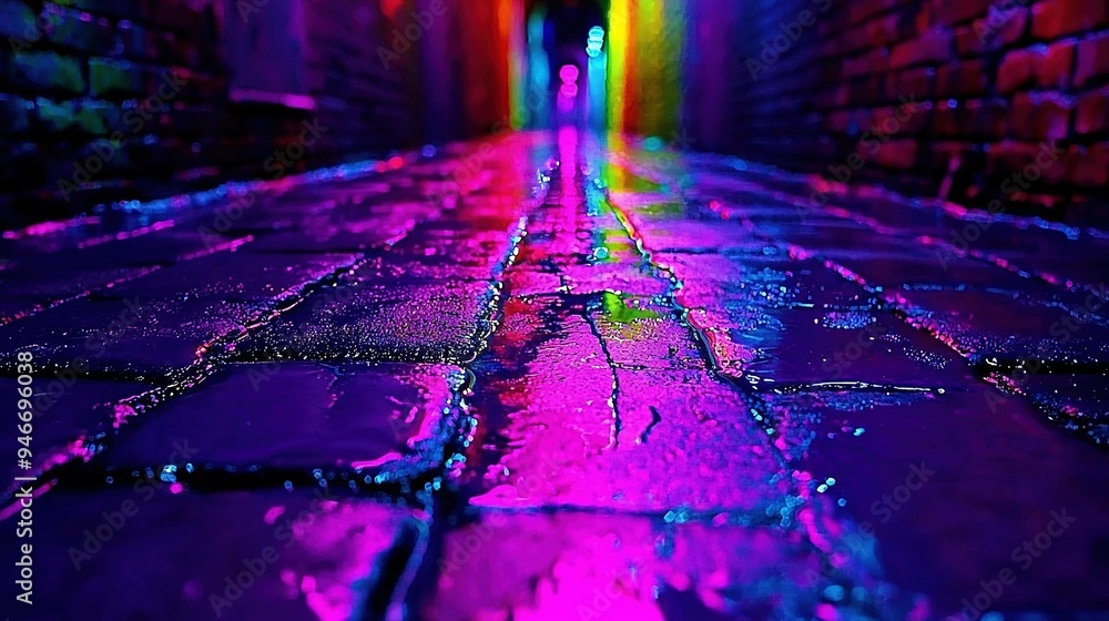 Poster a wet floor illuminated by a colorful rainbow beam emanating from the far end and set against a bric