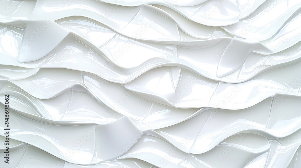 Poster a detailed view of a white wall adorned with waves on one side, with a dark object positioned at its
