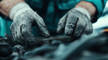 Detailed image focusing on a mechanic’s gloved hands covered in grime as they work on an engine part, emphasizing the precision and expertise required in mechanical tasks.
