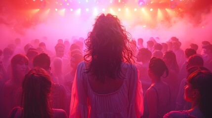 Crowd of people dancing in a vibrant club with colorful lights and fog during a lively nighttime event