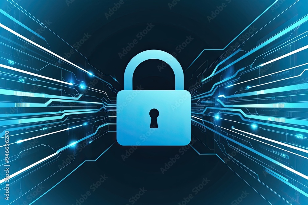 Poster high-tech cyber security design with padlock symbol and dynamic information channels in calming blue