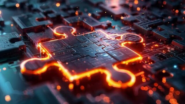 Glowing puzzle piece completes a circuit board, symbolizing the concept of finding the missing piece for a solution in technology, innovation, and problem solving