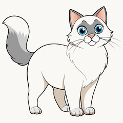 Burmese White Fluffy cat vector illustration isolated on white background in cartoon style.