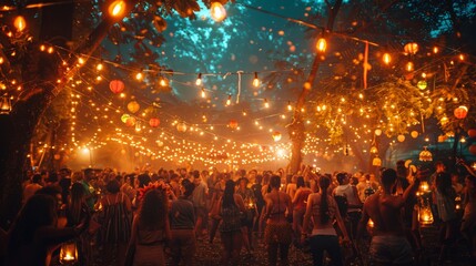 Fototapeta premium A vibrant evening festival under starry skies with colorful lanterns and cheerful crowds celebrating in a magical atmosphere