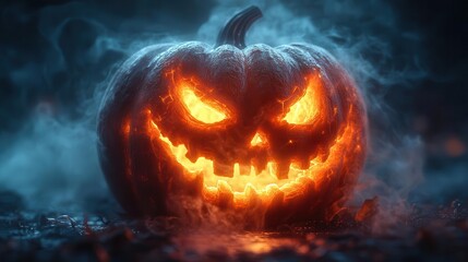 Naklejka premium eerily lit jackolantern with intricate carved face glowing ominously in misty darkness tendrils of fog curling around gnarly pumpkin stem