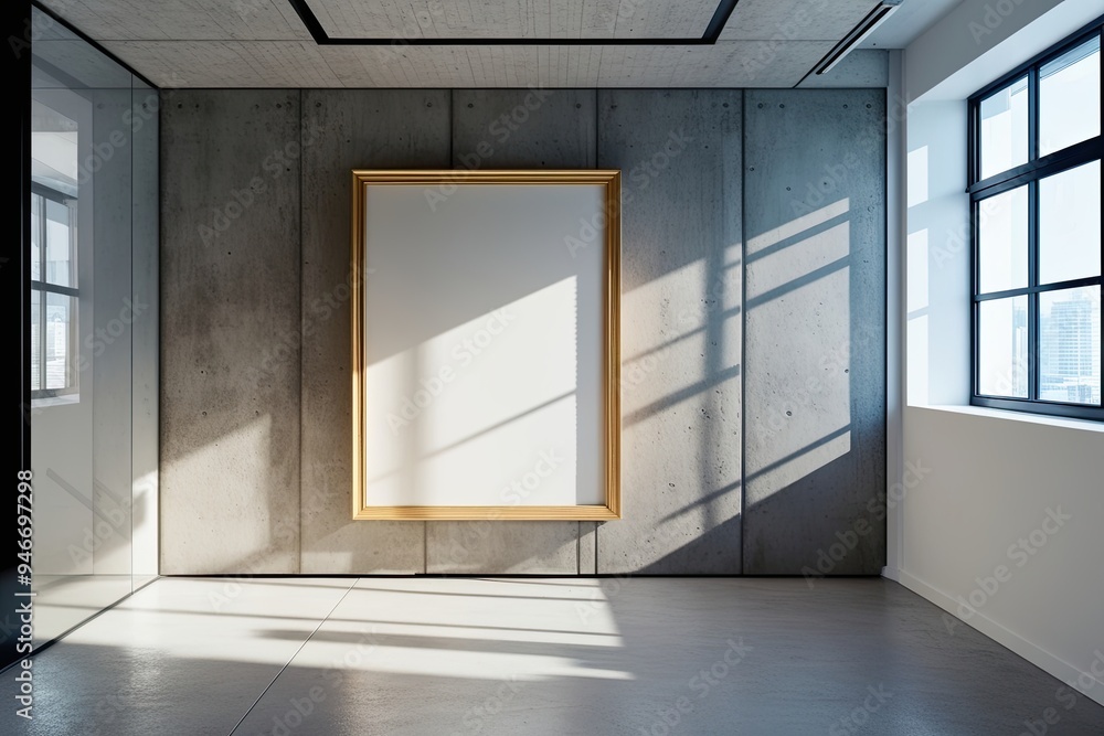 Poster a vacant picture frame in a sleek corporate workspace with a textured concrete backdrop and sunlight