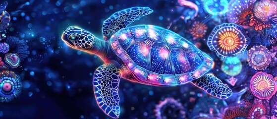 A Neon Sea Turtle Swimming Past Luminous Coral