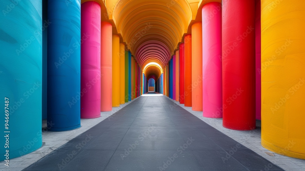 Poster vibrant corridor with colorful columns leading towards a softly illuminated tunnel in an artistic ur
