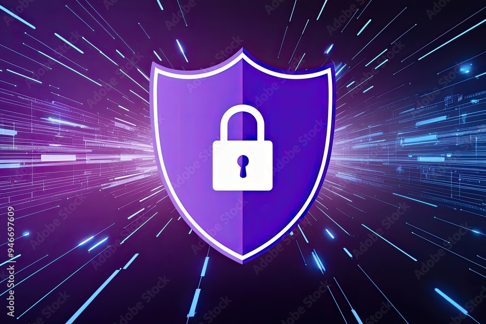 Aufkleber violet data encryption shield over a seamless digital landscape for enhanced cybersecurity solutions
