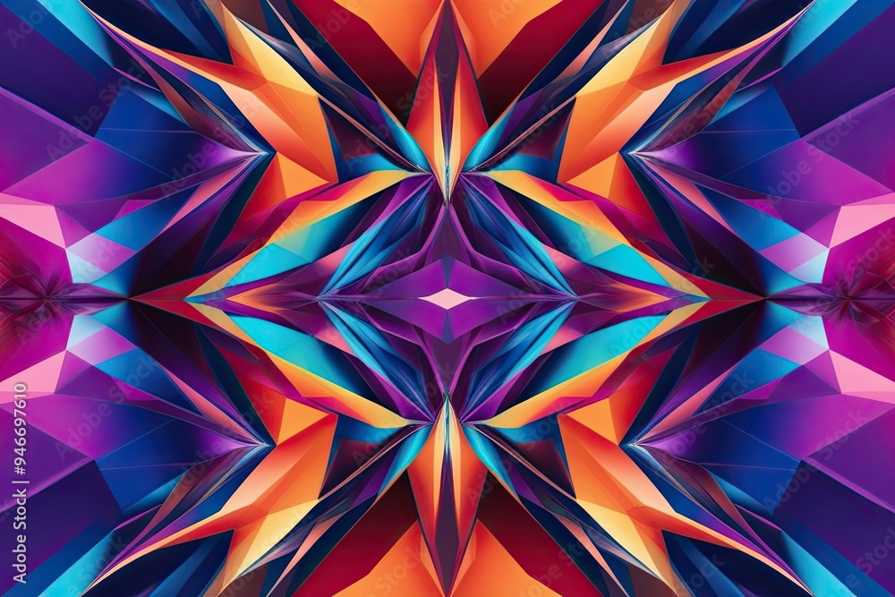 Poster vibrant three-dimensional polygonal mesh with abstract symmetry and gradient tones