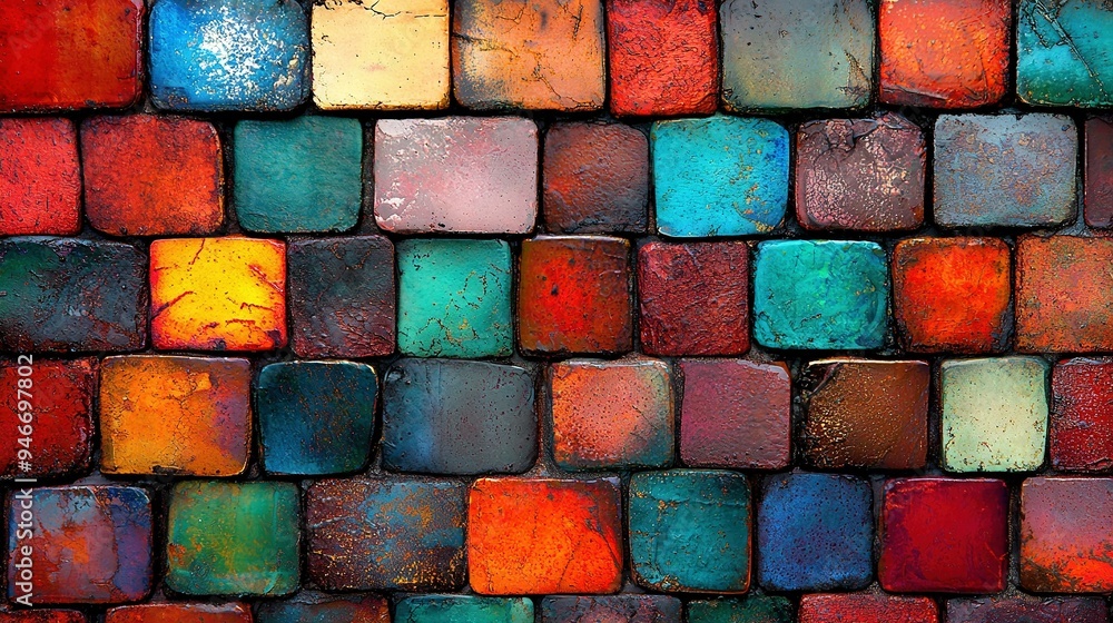 Poster a close-up of diverse brick wall with multicolored blocks of varying shapes and sizes