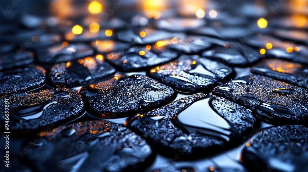 Poster a close-up photo of water droplets on a surface with background lights and a fuzzy image in the fore
