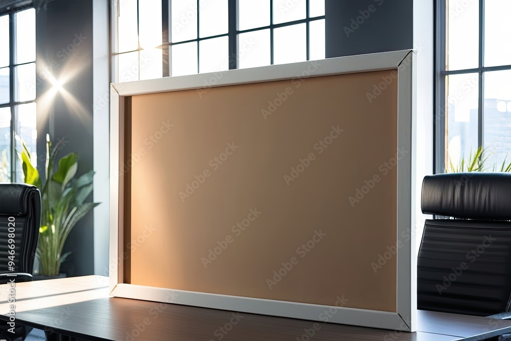 Poster blank canvas frame in a professional office setting with sunlight filtering through windows