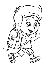 Coloring page for kids, a cute boy going to school with a backpack.