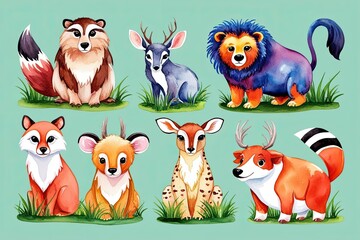 Naklejka premium Playful Watercolor Wildlife Illustration with Vibrant Cartoon Design