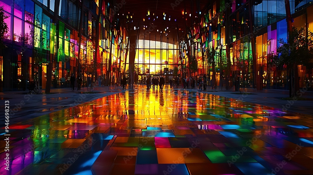 Poster a spacious room with an array of colorful window units alongside a tiled floor featuring variously s