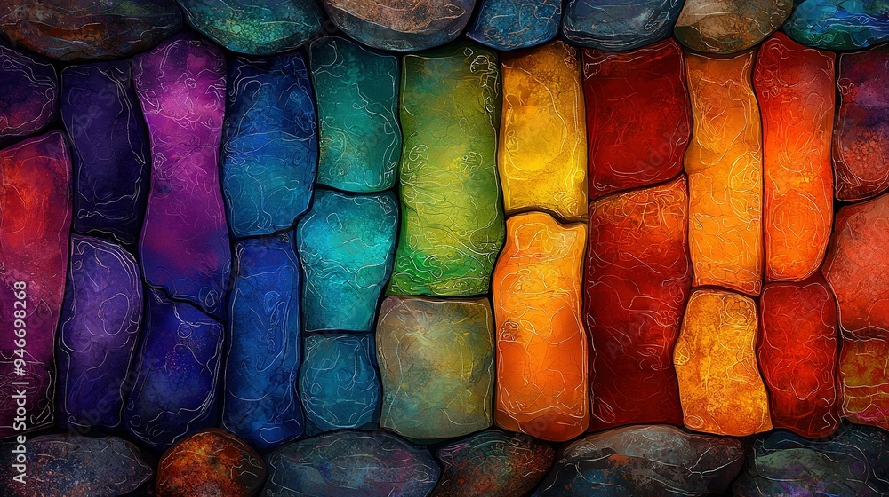 Poster a vibrant painting featuring rocks and stones in various hues with a rainbow color scheme within eac