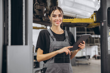 Young pretty smiling female mechanic, in grey uniform, holding tablet in her hands, poses standing...