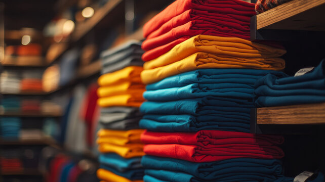 Stack of colorful folded clothes on shelves in a retail store.
