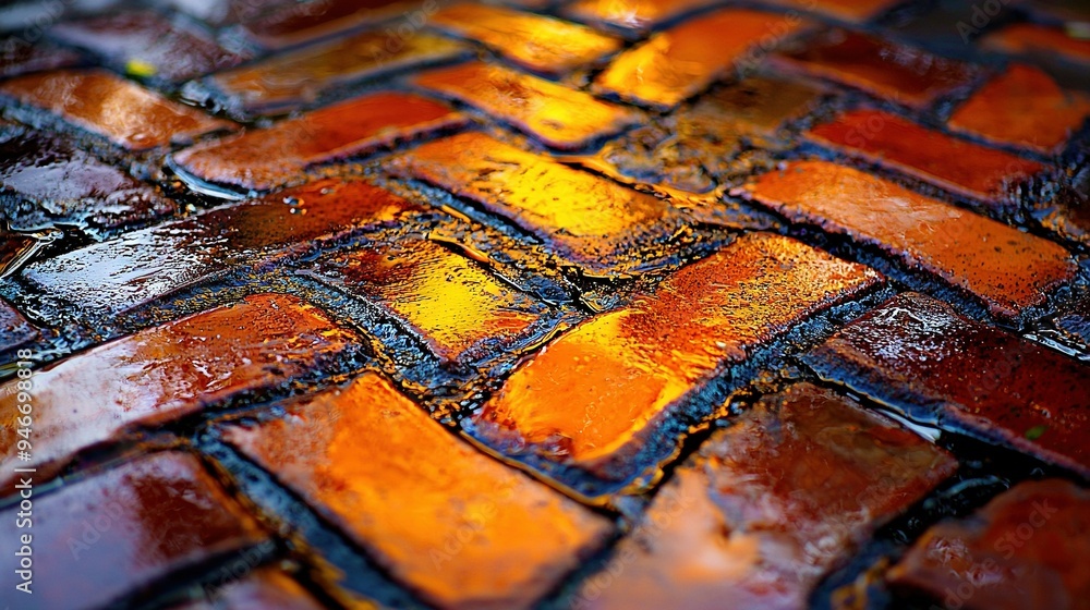 Poster a close-up shot of a tiled surface, featuring water droplets on both the top and bottom edges of the