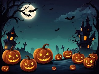 Fototapeta premium Spooky Halloween Background with Haunted House, Evil Pumpkins, and Full Moon Night Scene.