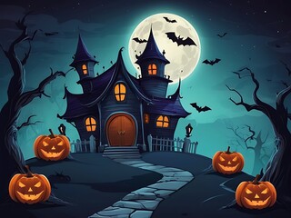 Fototapeta premium Spooky Halloween Background with Haunted House, Evil Pumpkins, and Full Moon Night Scene.