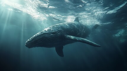 Fototapeta premium A majestic whale swimming in deep ocean waters, illuminated by shafts of light.