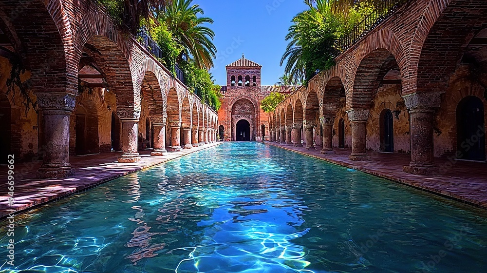 Poster a clock tower sits atop a building with a palm-lined pool below