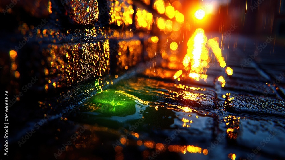 Poster a macro shot of a damp surface featuring a green item in focus and a bright source illuminating it f