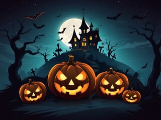 Spooky Halloween Background with Haunted House, Evil Pumpkins, and Full Moon Night Scene.