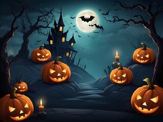 Spooky Halloween Background with Haunted House, Evil Pumpkins, and Full Moon Night Scene.