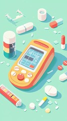 A colorful illustration of a glucose meter surrounded by various medications and pills.