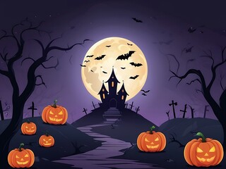 Fototapeta premium Spooky Halloween Background with Haunted House, Evil Pumpkins, and Full Moon Night Scene.