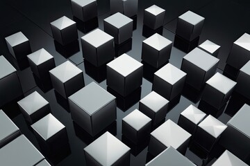 Modern Geometric Cubes in a Three Dimensional Luxury Arrangement Against a Glossy Black Background
