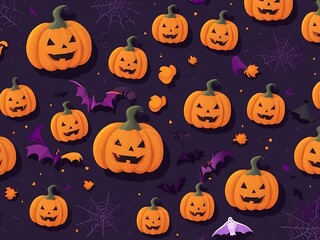 Spooky Halloween Background with Haunted House, Evil Pumpkins, and Full Moon Night Scene.