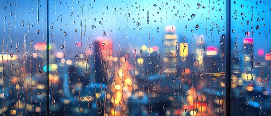 Rain Drops on Glass Window with City Lights in Background