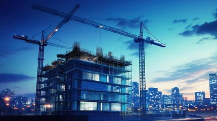 Fototapeta premium Modern construction site with cranes at night, highlighting urban development and architectural design under a twilight sky.
