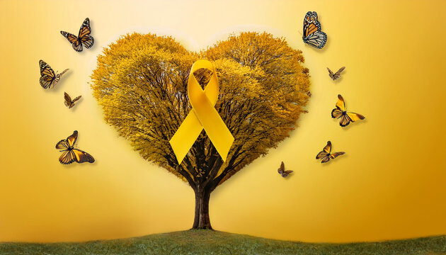 Yellow ribbon on heart tree with butterfly on volunteer's hand for  International World Suicide Prevention Day